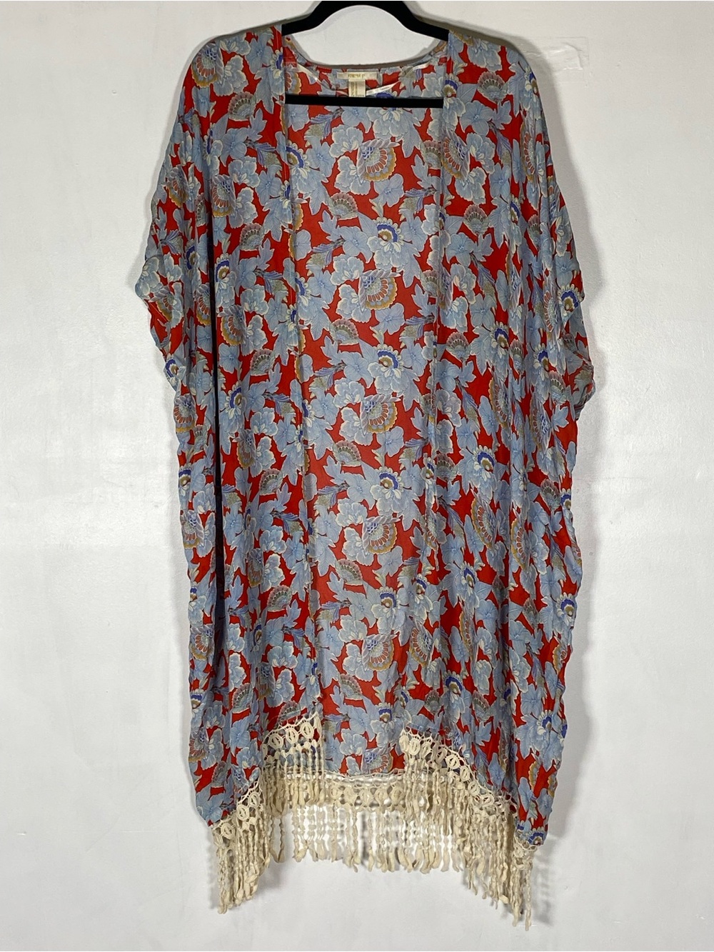 Forever 21 Floral Fringe Kimono Boho Festival Duster Cover Up Crochet Trim